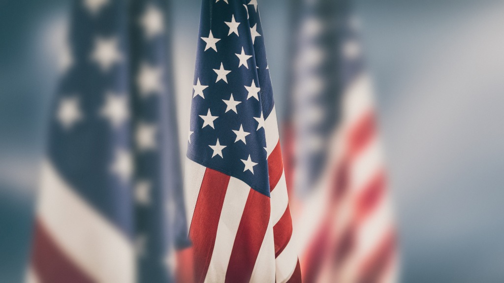 American flags in a line with a blurred background
