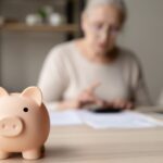 Old woman looking at paperwork with a piggy bank_s