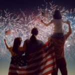 happy family against the backdrop of fireworks