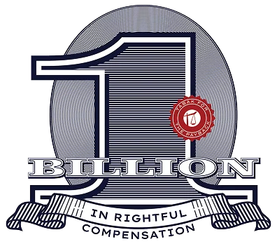 Graphic design featuring a large number "1" with the word "BILLION" across it, and a ribbon below reading "IN RIGHTFUL COMPENSATION," in navy blue and white with a small red circular emblem.