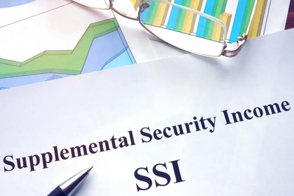 Document titled "Supplemental Security Income SSI" with pen, eyeglasses, and colorful financial charts.