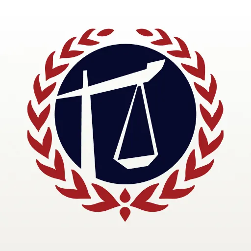 Logo featuring a white balance scale inside a dark blue circle, encircled by a red laurel wreath.