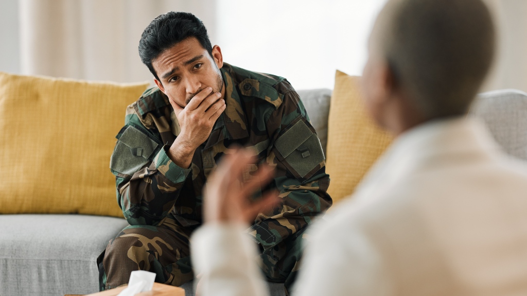 military veteran listening to therapist