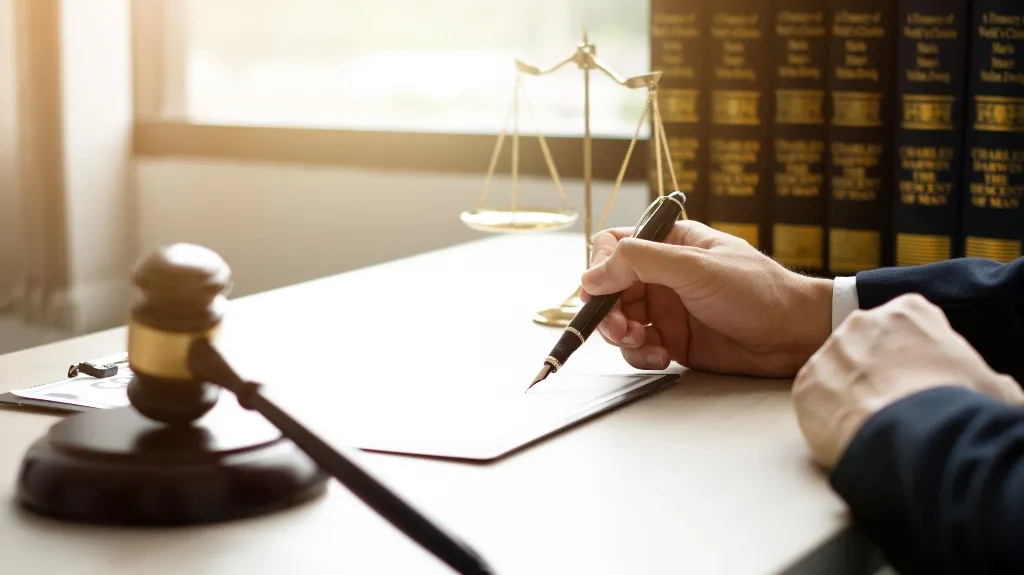 Person in formal attire writing with a pen at a desk with a gavel, scales of justice, and legal books.